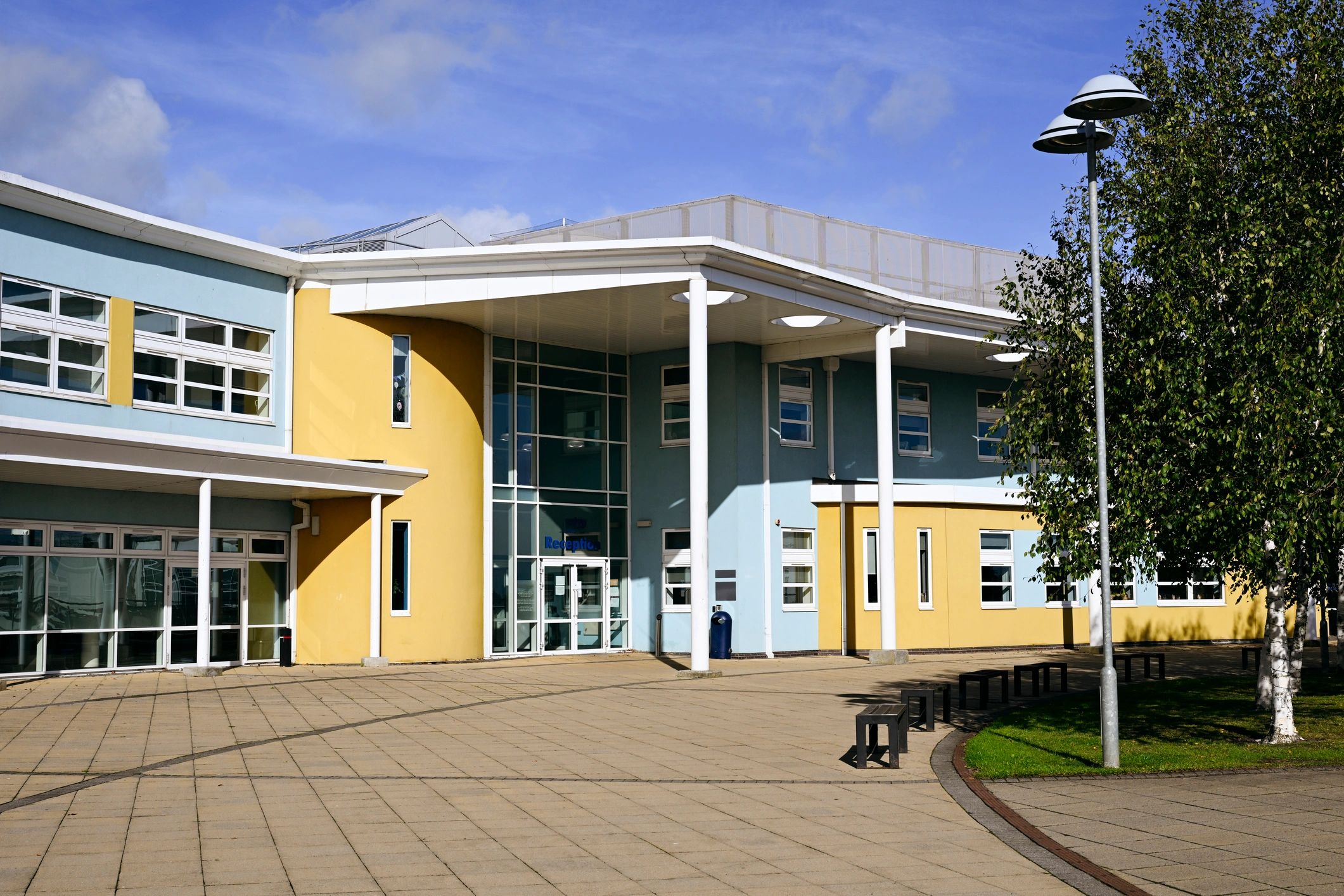 Contemporary building exterior with geometric color details